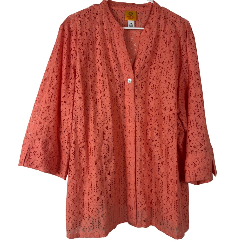 Ruby Rd Woman Peach Lace Sheer 3/4 Sleeve Lightweight Blouse 22W‎ Casual Floral